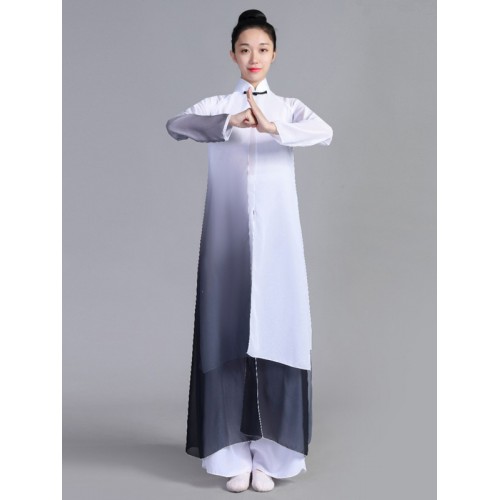 White with black gradient colored Chinese folk classical dance costumes  for women and men ink color martial art dance suit chinese kungfu wushu performance clothing 